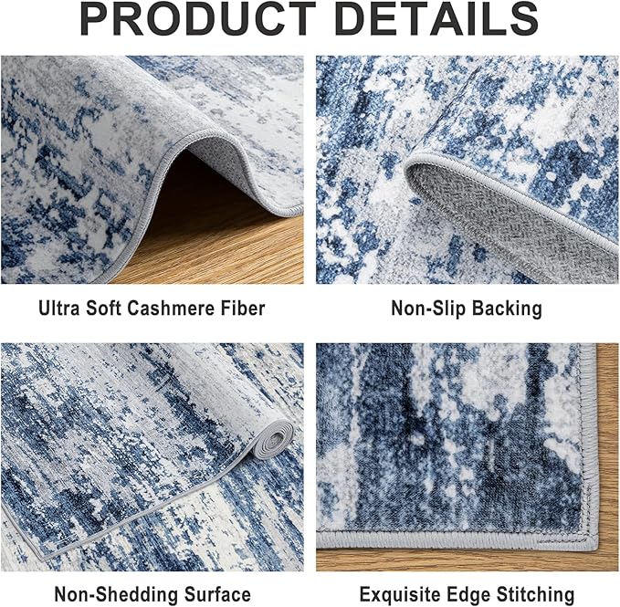 6x9 Area Rugs for Living Room - Washable Rug Modern Abstract Soft Large Neutral Non-Slip Carpet Indoor Floor Thin Carpets for Bedroom Dining Room Farmhouse Nursery Home Office Blue Gray