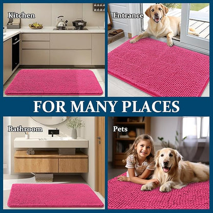 OLANLY Dog Door Mat for Muddy Paws 59x20, Absorbs Moisture and Dirt, Absorbent Non-Slip Washable Doormat, Quick Dry Chenille Mud Mat for Dogs, Entry Indoor Entryway Carpet for Inside Floor, Hot Pink