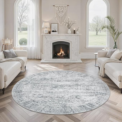 Soalmost 5x5 Grey Round Rug 5ft Living Room Circle Rug Vintage Gray Round Area Rug Non Slip Indoor Carpet for Entryway Dining Room Bedroom