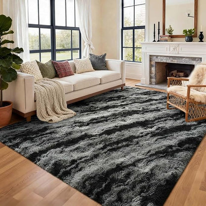 Area Rugs for Living Room, 4x6 Feet Soft Fluffy Shagg Plush Rug High Pile Large Non-Slip Floor Carpet for Bedroom Nursery Dorm Decor Aesthetic Black