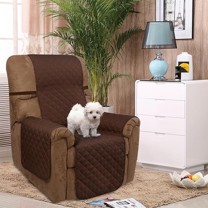 U-NICE HOME Recliner Chair Covers Reversible Quilted Water Repellent Pet Protectors with Elastic Straps (23''Recliner Small, Brown/Brown)