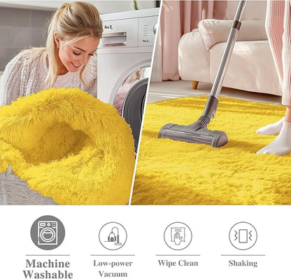 OLANLY Yellow Round Rugs for Bedroom - Machine Washable, 5 ft Circle Area Rugs for Living Room, Soft and Fluffy Shaggy Carpet for Teen Girl and Boys, Nursery Rooms, Dorms, Home Decor Aesthetic