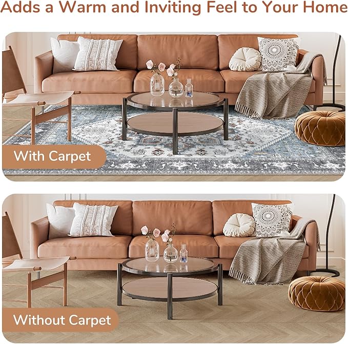 OPPODREAM Soft 8x10 Area Rugs, Washable Rugs 8x10 with Non Slip Backing, Faux Cashmere Low-Pile 8 x 10 Carpet, Grey & Teal & Yellow
