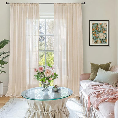 BGment Burlap Linen Curtains 84 Inch Length for Living Room - Tan Light Filtering Semi Sheer Natural Drapes with Rod Pocket Lightweight Window Treatments for Bedroom Farmhouse, 2 Panels, 52 X 84 Inch