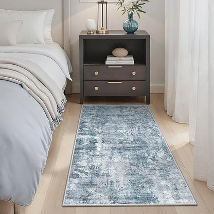 Soalmost 2x4 Washable Rugs for Kitchen, Floor, Entryway, Powder Room Small Area Rug Non-Slip Vintage Low Pile Throw Door Mat Blue/Grey