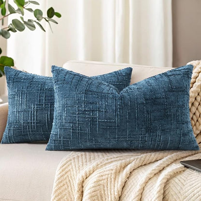 decorUhome Navy Blue Chenille Throw Pillow Covers 12x20 Set of 2 Textured Soft Cozy Slubby Couch Pillow Covers Modern Farmhouse Boho Decorative Pillow Cases for Bed Sofa Living Room