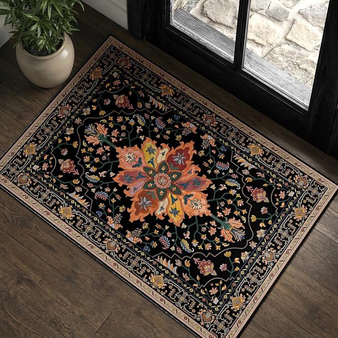 Area Rugs 2'x3' Kitchen Rugs Entry Rug Small Rugs for Entryway Kitchen Bathroom Door Mat Indoor Entrance,Washable Non Slip, Black Colorful Floral Dark Tan