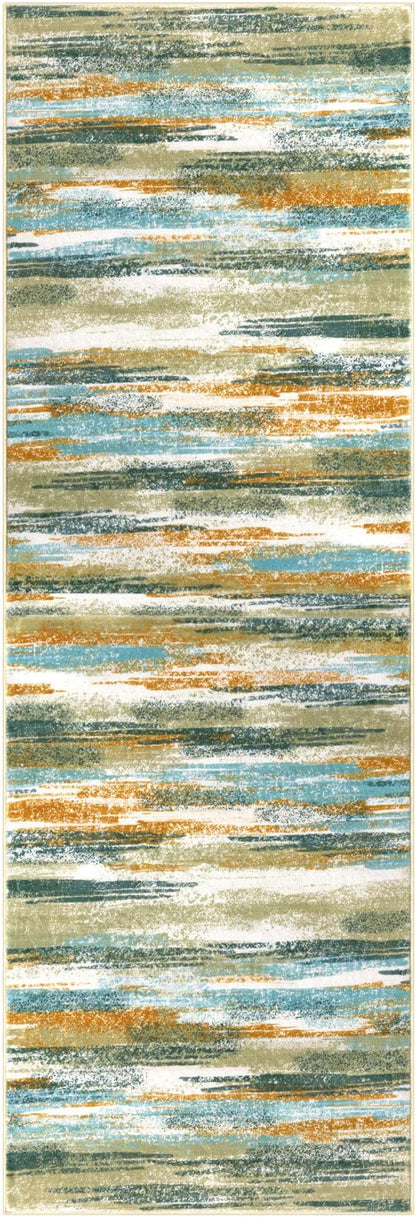 Lansny Modern Abstract Runner Rug 2.6x8, Green Mustard Multi Washable Kitchen Runner Non-Slip Soft Hallway Rug Runner Thin Print Faux Wool Carpet for Entryway Bedroom Laundry Room Indoor