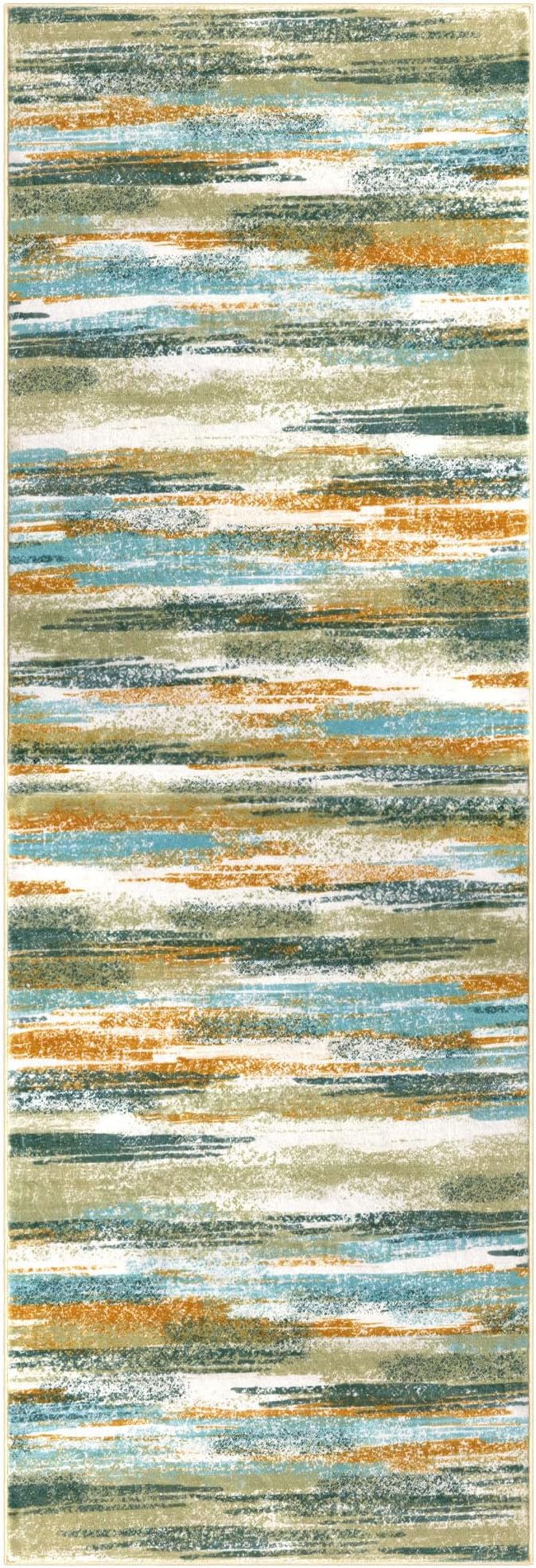 Lansny Modern Abstract Runner Rug 3x10, Green Teal Mustard Washable Kitchen Runner Non-Slip Soft Hallway Rug Runner Thin Print Faux Wool Carpet for Entryway Bedroom Indoor Home Office Decor