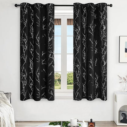 Deconovo Black Blackout Curtains, Thermal Insulated Soundproof Privacy Curtain Drapes, Branch Foil Print, 42 x 63 Inch Long, 2 Panels, Machine‑Washable Window Panel for Bedroom Living Room Office Home