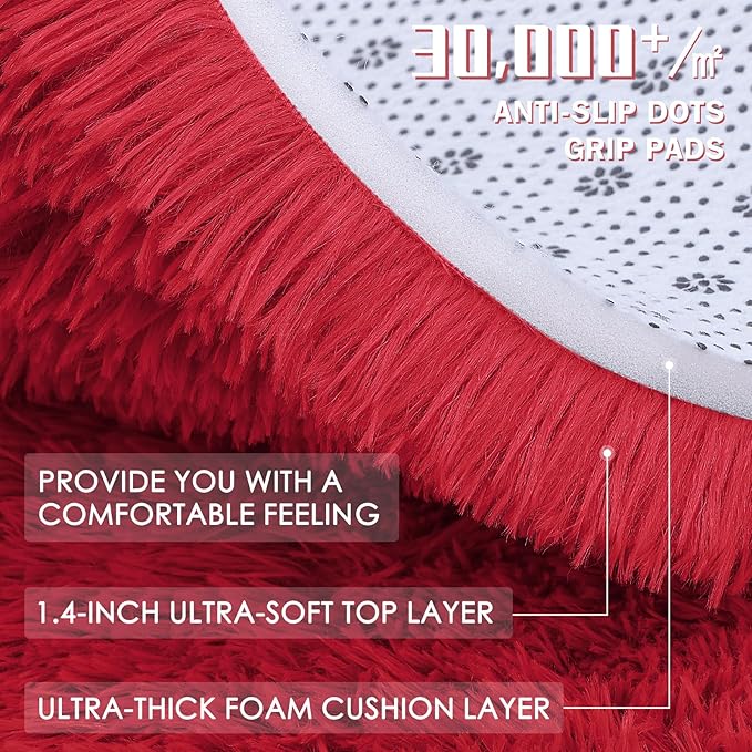 OLANLY Red Round Rugs for Bedroom - Machine Washable, 8 ft Circle Area Rugs for Living Room, Soft and Fluffy Shaggy Carpet for Teen Girls and Boys, Nursery Rooms, Dorms, Home Decor Aesthetic