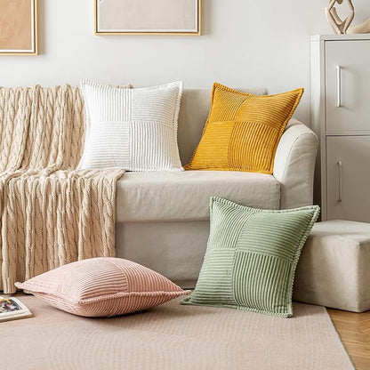 MIULEE Spring Decorative Throw Pillow Covers for Couch Bed Livingroom 18x18 Inch Set of 2 Sage Green Boho Accent Throw Pllows Broadside Striped Patchwork Soft Corduroy Pillowcases