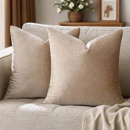 GIGIZAZA Decorative Throw Pillow Covers 18x18,Set of 2 Taupe Square Couch Pillow Covers,Velvet Sofa Boho Cushion Pillows