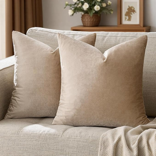 GIGIZAZA Decorative Throw Pillow Covers 18x18,Set of 2 Taupe Square Couch Pillow Covers,Velvet Sofa Boho Cushion Pillows