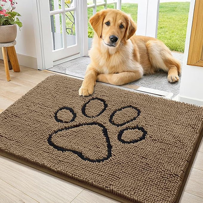 Smiry Dog Door Mat for Muddy Paws, Absorbent Dirt Trapper Non Slip Quick Dry Washable Chenille Mat for Mud Dogs, Entry Rug for Indoor and Outdoor (36x24 Inches, Camel and Black)