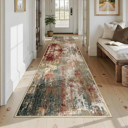 Washable Area Rugs 3x12 Non-Slip Modern Abstract Soft for Living Room Entryway Bedroom Nursery, Print Pattern, Brown Rust Red Green Blue Multi