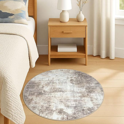 IOHOUZE Round Area Rug 3 Ft Circle Entryway Rugs Round Washable Door Mat Indoor Entrance, Non Slip Circle Front Door Rug, Printed Abstract Faux Wool Floor Carpet for Foyer Porch Sink, Beige Brown