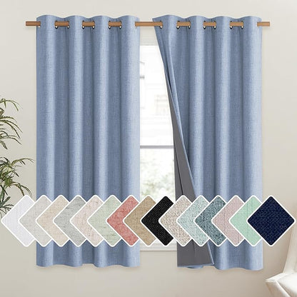 NICETOWN Stone Blue Vintage Linen 100% Blackout Curtains for Living Room, Thermal Insulated Curtains 63" Long, Noise Reducing Window Treatment Drapes for Hall Room, 52" Wide Per Panel, Set of 2