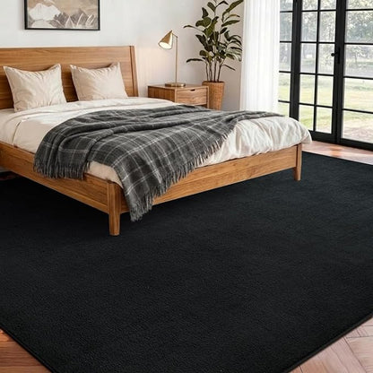 FinRèc 5x7 Washable Area Rugs for Bedroom Living Room, Low Pile Thin Rug Solid Color, Non-Slip Carpet Indoor for Home Decor (Pure Black)