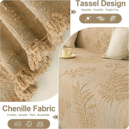 HANDONTIME Washable Couch Covers for Sofa Boho Couch Covers for 3 Cushion Sofa Pet Friendly Camel Chenille Jacquard Couch Protector for Dogs Plant Branch Sectional Cover Sofa Slipcovers, 71" X 118"