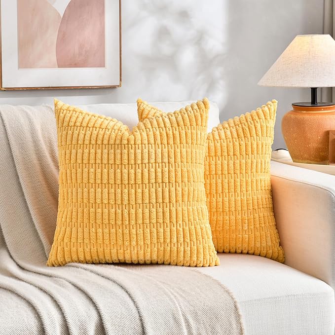 Fancy Homi Set of 4 Spring Boho Decorative Throw Pillow Covers 26x26 Inch for Couch Bed Sofa, Sage Green Yellow Room Decor, Soft Fuzzy Fluffy Cozy Corduroy Textured Cushion Case 66x66cm