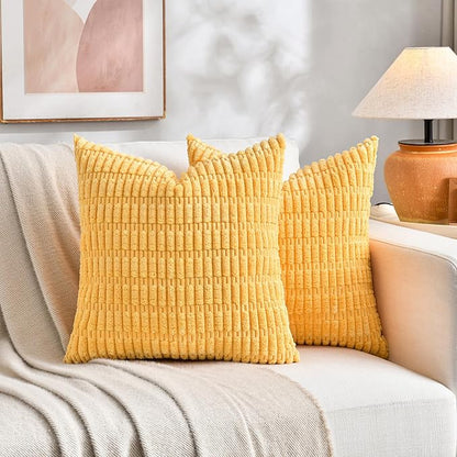 Fancy Homi Set of 4 Spring Boho Decorative Throw Pillow Covers 26x26 Inch for Couch Bed Sofa, Sage Green Yellow Room Decor, Soft Fuzzy Fluffy Cozy Corduroy Textured Cushion Case 66x66cm