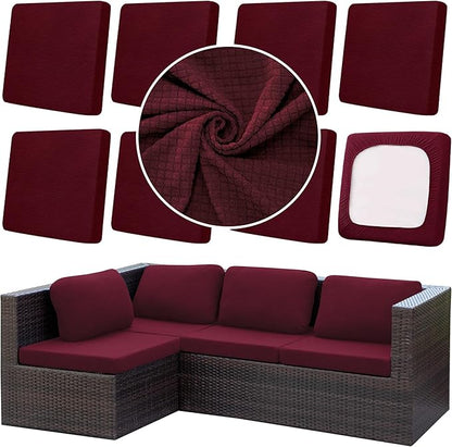8Pcs Outdoor Cushion Covers, Patio Cushion Covers,Stretch Elastic Slipcovers, Replacement Washable & Reusable Furniture Protector for Patio Couch,Thick Jacquard Fabric(Wine Red, Cover Only)