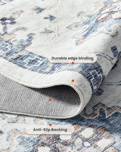AMADA HOMEFURNISHING 6x9 Area Rugs, Blue Low-Profile Washable Rug with Non-Slip Backing & Durable Edge Binding, Vintage Rugs for Living Room, Bedroom, Dining Room