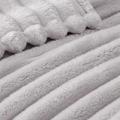 Exclusivo Mezcla King Size Flannel Fleece Blanket, Super Soft Striped Jacquard Bed Blanket, Lightweight Fuzzy Cozy for All Seasons, 90x104 Inches, Light Grey
