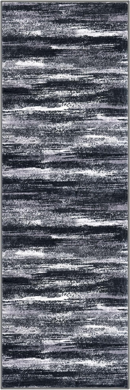 Lansny Modern Abstract Runner Rug 2x6, Black Grey Washable Entryway Runner Non-Slip Soft Hallway Rug Runner Thin Print Faux Wool Carpet for Kitchen Bedroom Laundry Room Indoor