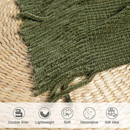 lifein Throw Blanket for Couch, Soft Green Boho Decor Bed Throw,Cozy Knitted Chenille Farmhouse Lightweight Throw(Olive Green,50 * 60")