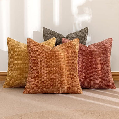 MIULEE Pack of 4 Orange/Yellow Couch Throw Pillow Covers 20x20 Inch Halloween Soft Decorative Chenille Pillows Farmhouse Accent Cushions for Boho Home Decor Spring Sofa Bedroom Living Room
