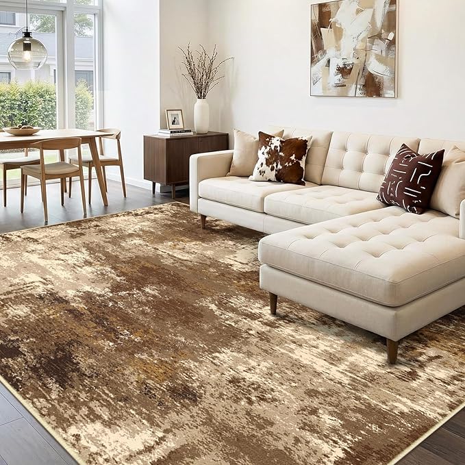 Washable Area Rugs 9'x12' Non-Slip Modern Abstract Soft for Living Room Entryway Bedroom Nursery, Print Pattern, Brown Tan Beige Coffee