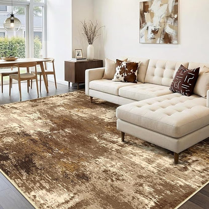 Washable Area Rugs 5'x7' Non-Slip Modern Abstract Soft for Living Room Entryway Bedroom Nursery, Print Pattern, Brown Tan Beige Coffee
