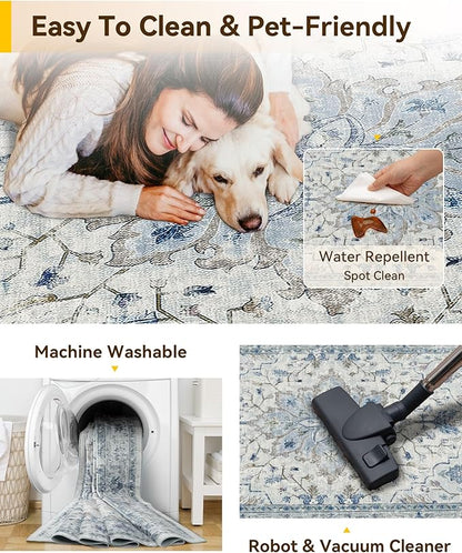 RELEANY Area Rugs Square 10ft Washable Non-Slip, Floral Vintage Distress Print Pattern Medallion Carpet for Living Room Bedroom Dining Room, Light Blue Navy Beige Gray White