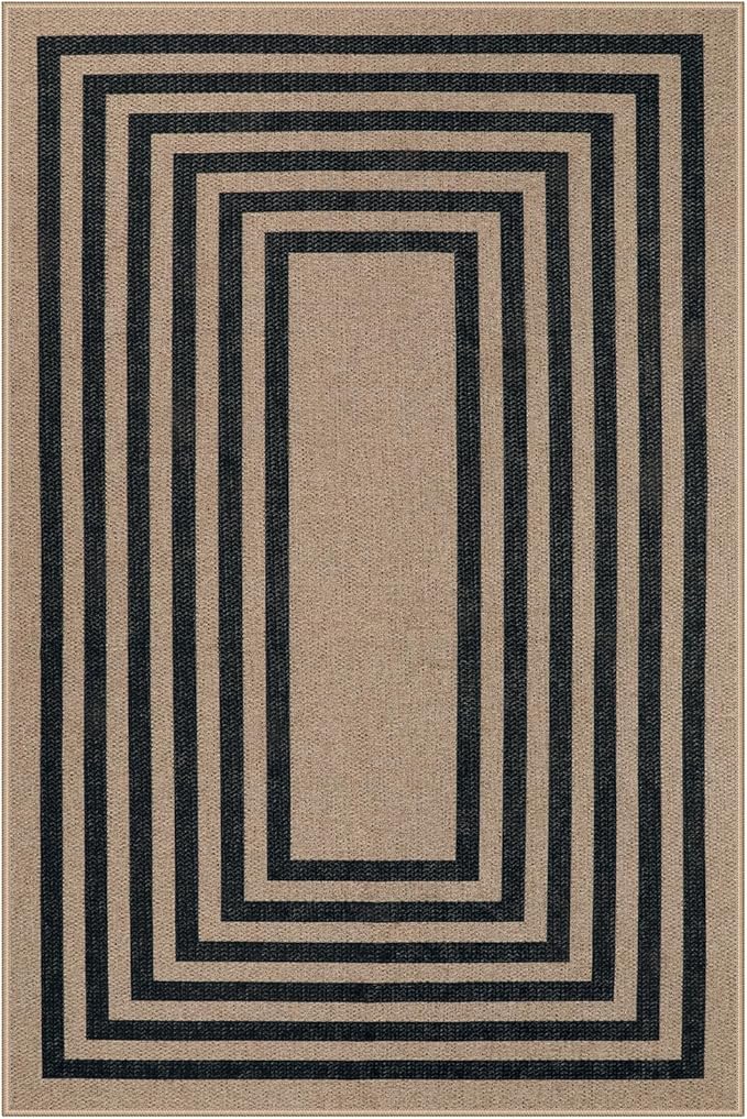Lahome Enfys Modern Geometric Easy Jute Entryway Rug, 4x6 Black Washable Carpet for Bedroom Contemporary Thin Living Room Patio Rug, Farmhouse Non Slip Indoor Outdoor Carpet for Dining Room Backyard
