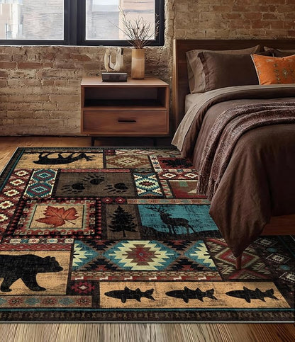YIHOUSE Rustic Cabin Area Rug 4x6,Machine Washable Lodge Bear Rug,Non-Slip Low Pile Print Pattern Western Rug for Living Room Bedroom