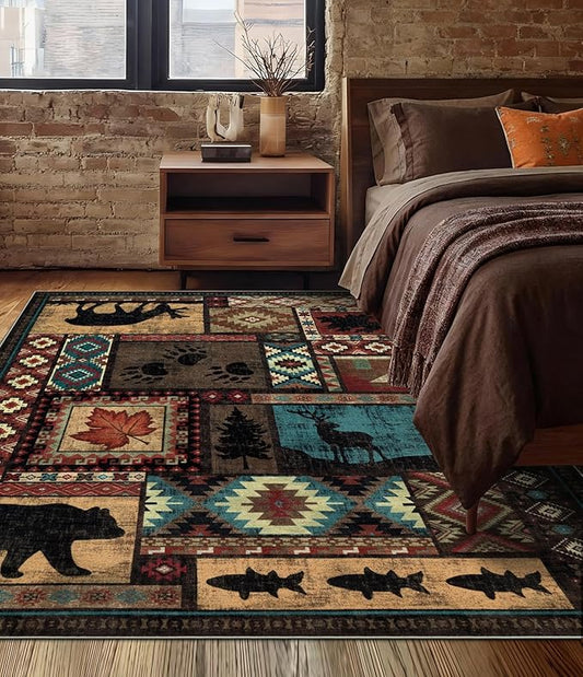 YIHOUSE Rustic Cabin Area Rug 4x6,Machine Washable Lodge Bear Rug,Non-Slip Low Pile Print Pattern Western Rug for Living Room Bedroom
