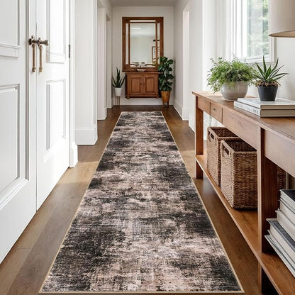 IOHOUZE Abstract Runner Rug 2x12 Ft Washable Runners for Hallways, Non Slip Kitchen Runner Printed Faux Wool Entryway Runner Indoor, Modern Abstract Floor Carpet for Hall Kitchen, Brown/Rust
