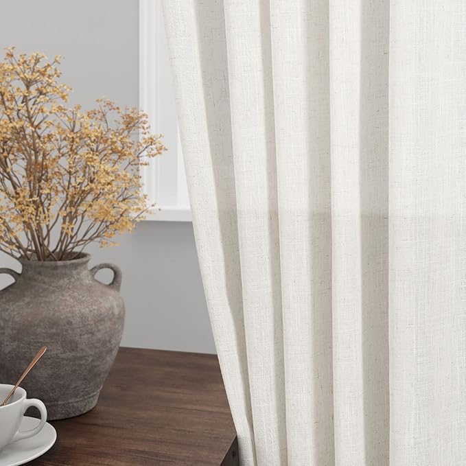 Cream Linen Curtains 125 Inches Long for Living Room Extra Long Back Tab Curtains Neutral Farmhouse Light Filtering Semi Sheer Linen Drapes Ceiling to Floor for Large Window 2 Panels Set 52x125