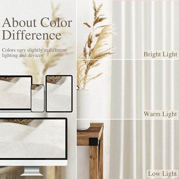 Cream Linen Curtains 127 Inches Long 2 Panels Set for Living Room Extra Long Back Tab Curtains Neutral Farmhouse Light Filtering Semi Sheer Linen Drapes Ceiling to Floor for Large Window 52x127