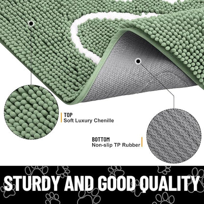 Smiry Dog Door Mat for Muddy Paws, Absorbent Dirt Trapper Non Slip Quick Dry Washable Chenille Mat for Mud Dogs, Entry Rug for Indoor and Outdoor (40x32 Inches, Olive Green and White)