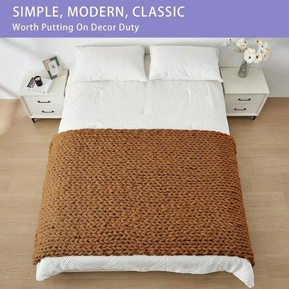 Bigacogo Chunky Knit Throw Blanket for Couch, 40x80 inches, 100% Hand Knitted with Thick Jumbo Chenille Yarn, Cozy Soft Large Rope Knot Cable Crochet Blankets for Sofa Bed Living Room, Caramel