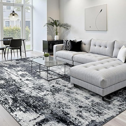 Washable Area Rugs 7x10 Non-Slip Modern Abstract Soft for Living Room Entryway Bedroom Nursery, Print Pattern, Black Navy Blue Gray