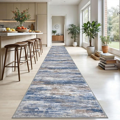 KOZYFLY Modern Abstract Washable Runner Rug 2.6x20 Hallway Runners Non-Slip Soft Kitchen Runner Rugs, Blue Rust 20 Foot Carpet Runner for Stair Entryway Bathroom Laundry Room Foyer