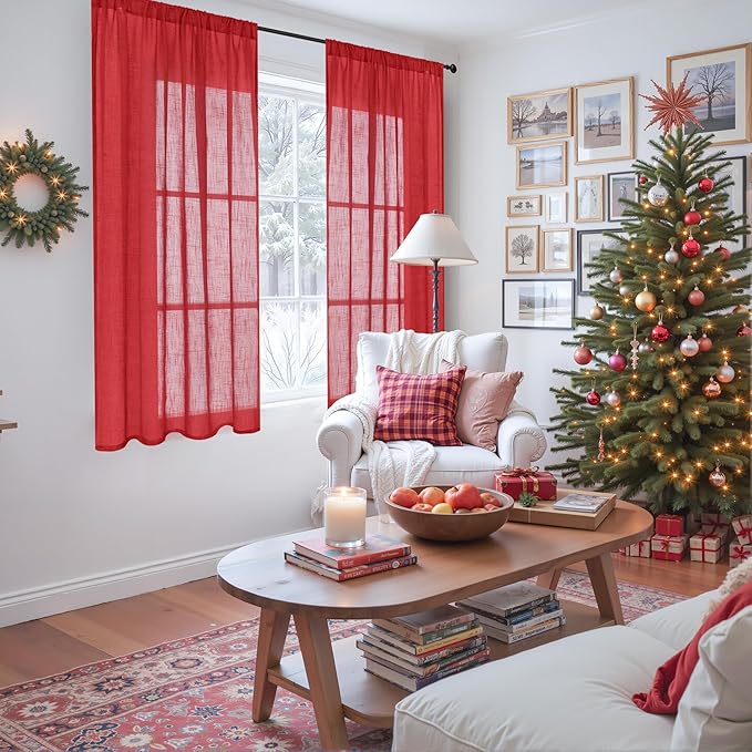 BGment Red Linen Curtains 54 Inch Length for Bedroom Window, Semi Sheer Drapes Lightweight Rustic Textured for Living Room Farmhouse with Rod Pocket, 2 Panels Set, Each 42 Inch Wide