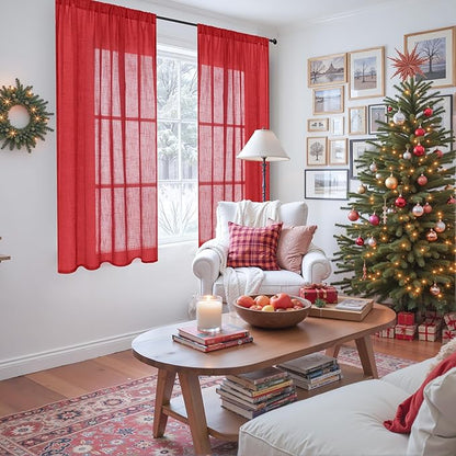 BGment Red Linen Curtains 54 Inch Length for Bedroom Window, Semi Sheer Drapes Lightweight Rustic Textured for Living Room Farmhouse with Rod Pocket, 2 Panels Set, Each 42 Inch Wide