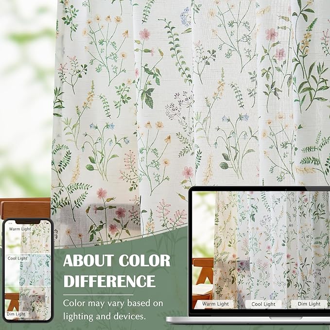 jinchan Floral Linen Blend Curtains for Living Room 63 Inch Length French Country Farmhouse Printed Curtains Sage Green on White Rod Pocket Back Tab Light Filtering Window Drapes 2 Panels