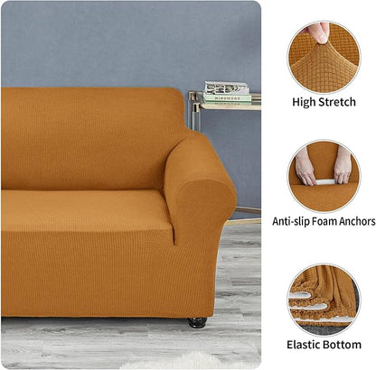 Joccun Stretch Couch Cover Slipcovers, 1-Piece Sofa Covers for 3 Cushion Couch Spandex Jacquard Washable Furniture Protector Cover for Living Room,Kids,Pets(Sofa,Gold)
