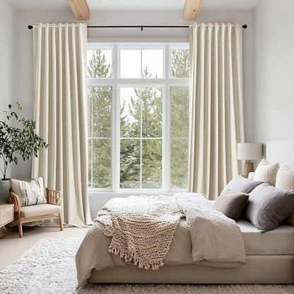 MIULEE 100% Blackout Linen Curtains for Bedroom, Cream Solid Luxury Decor Thermal Insulation Room Darkening Drapes for Living Room Nursery Back Tab Rod Pocket 42 x 90 Inches, 2 Panels